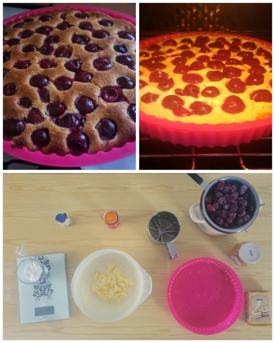 Collage - ingredients, marzipan cherry tart in the oven and baked