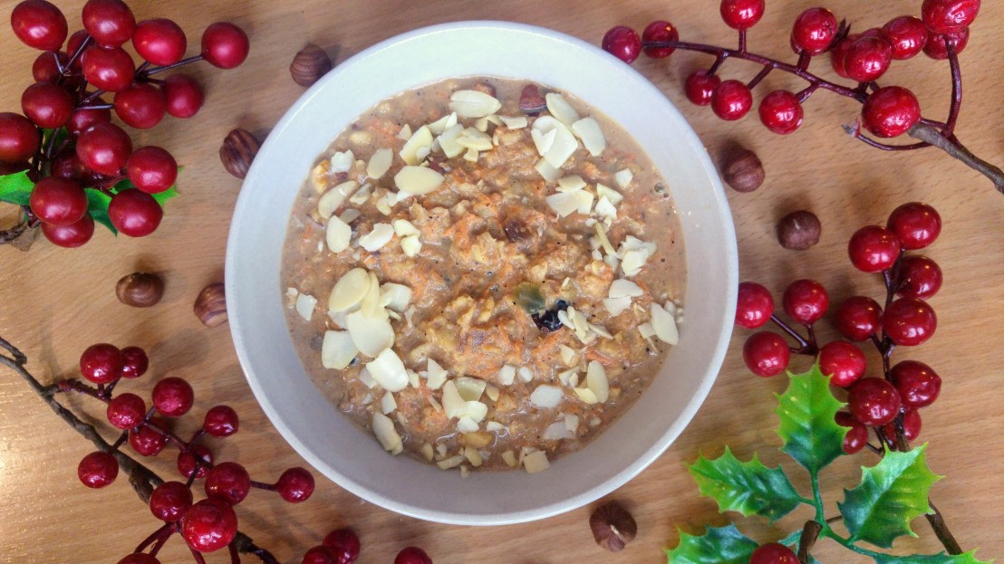 Festive gingerbread porridge in a bowl - bird view