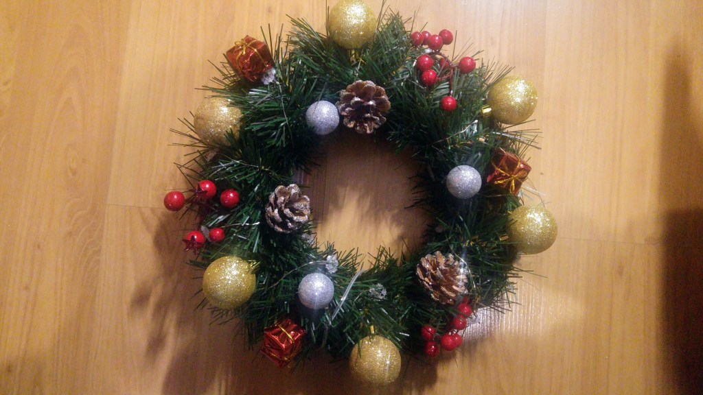 A finished DIY Christmas wreath