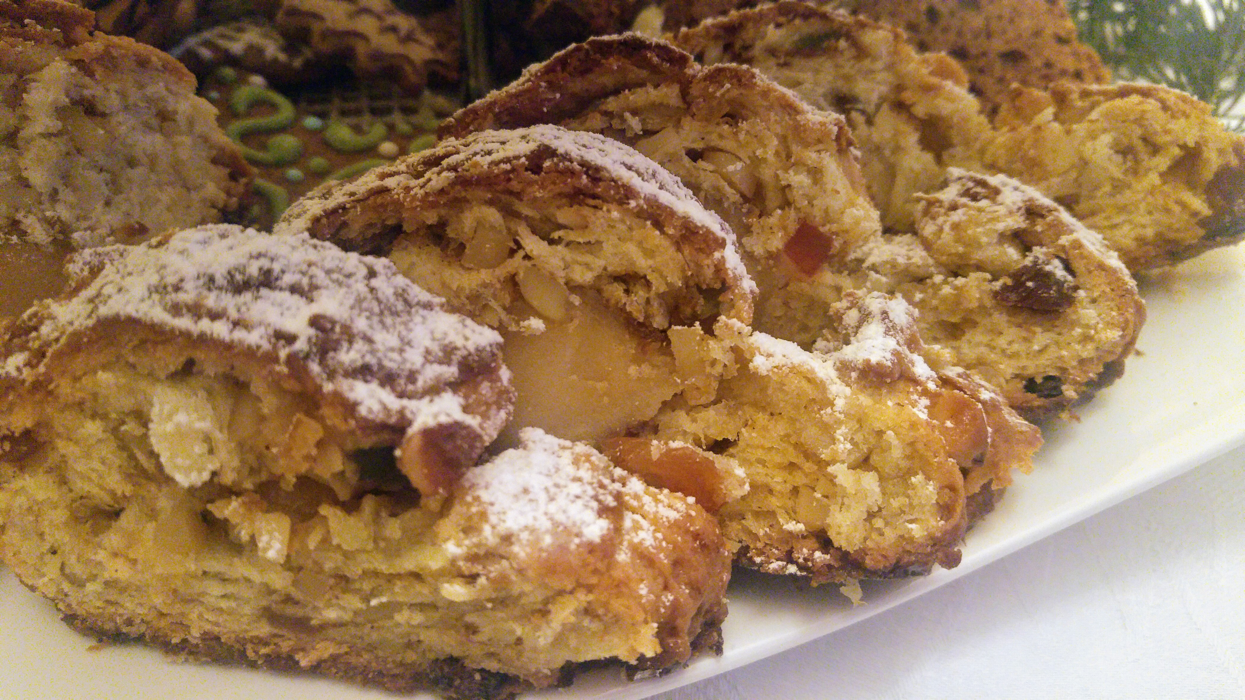 Sliced baked Christstollen on a plate