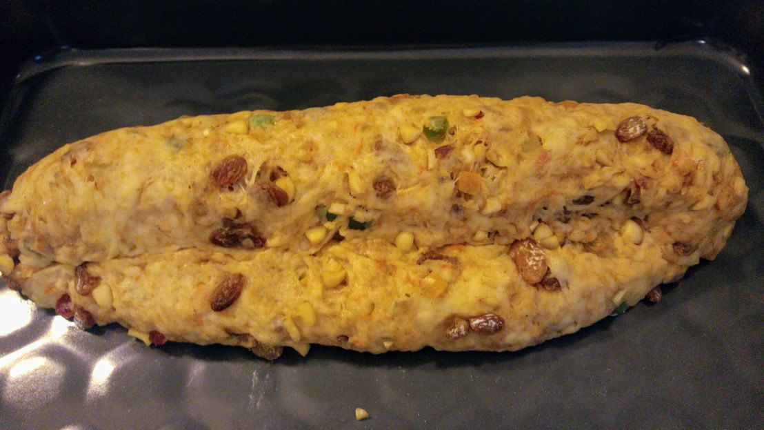 Formed Christstollen on tray, before baking