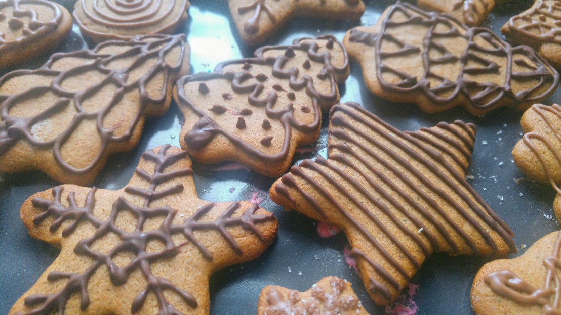 Gingerbread cookies decorated with milk chocolate
