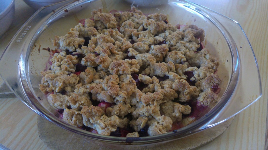 Baked oat fruit crumble in an oven proof dish