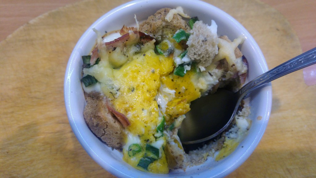 Ramekin breakfast - toast with egg, cheese and ham