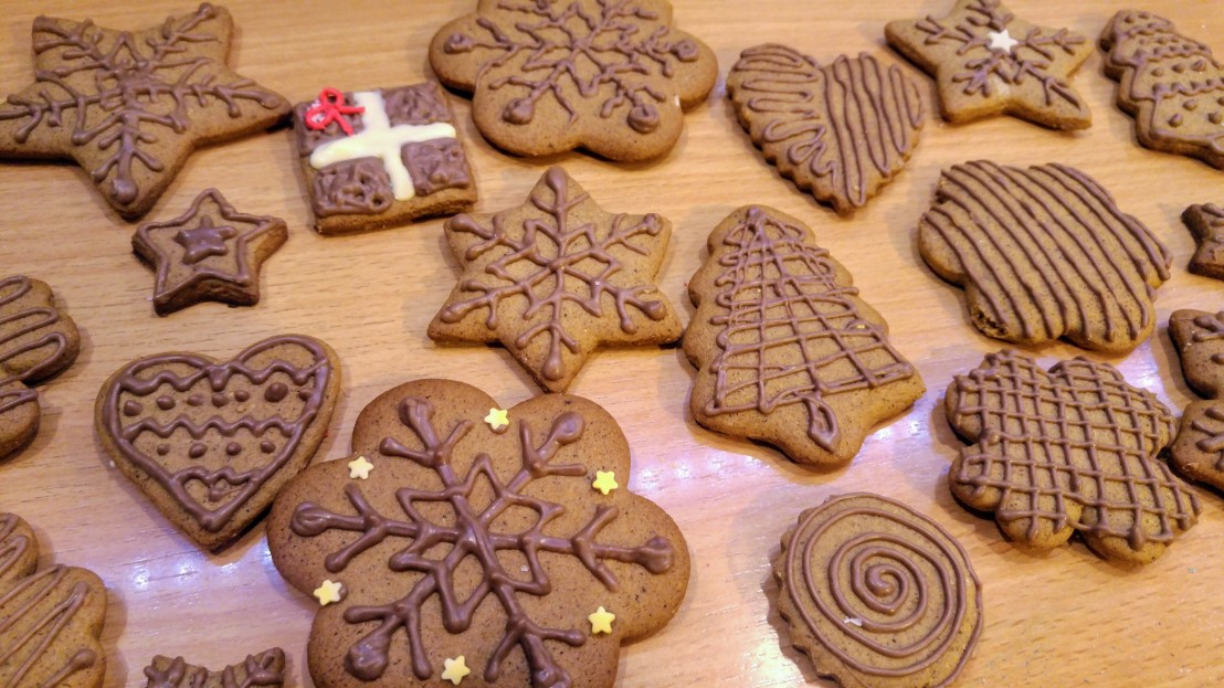 Gingerbread cookies decorated with milk chocolate