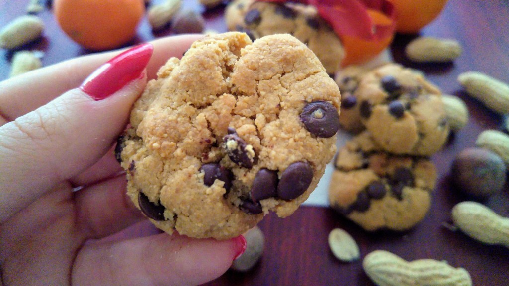 Holding flourless peanut butter chocolate chip cookies
