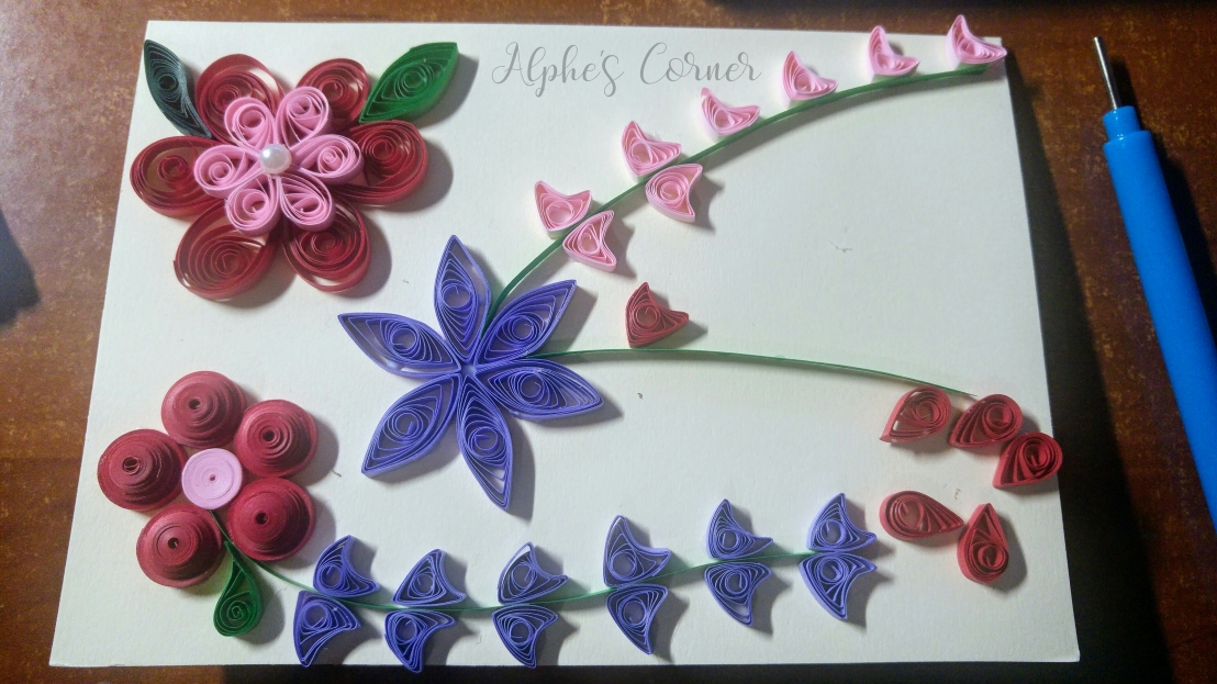 Grandmother's Day quilling card in progress, three flowers