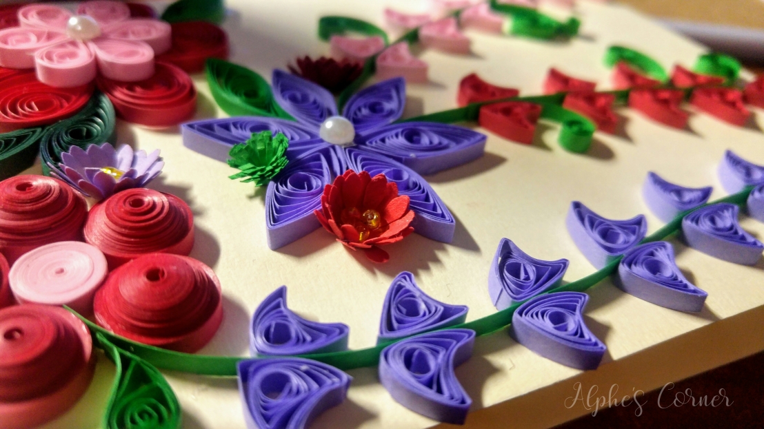 Grandmother's Day quilling card - close up on a red flower