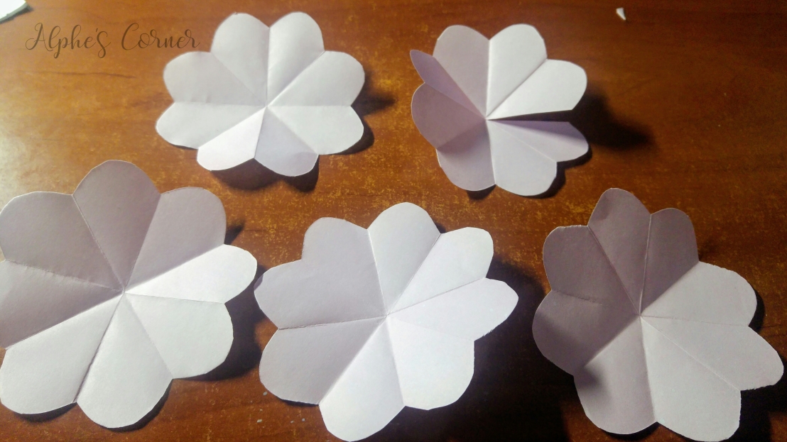 Five white flowers for five layers of a paper rose