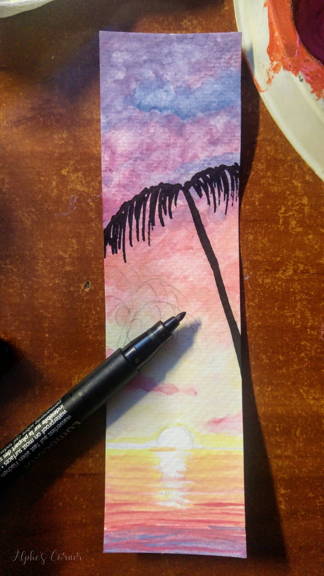 Watercolour bookmarks - drawing palm trees with a Sharpie