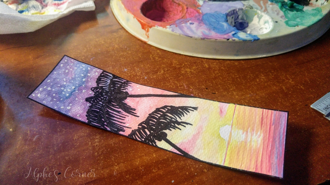 Completed sunset and palm trees watercolour bookmark