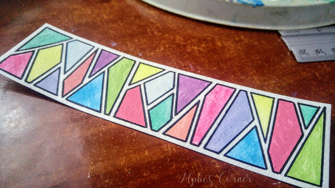 Watercolour bookmarks - geometric pattern outlined with a sharpie, completed