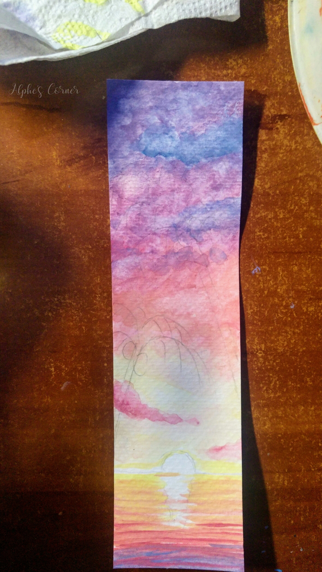 Watercolour bookmarks - painting the sunset in progress