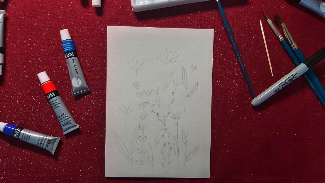 A pencil sketch of flowers on a card