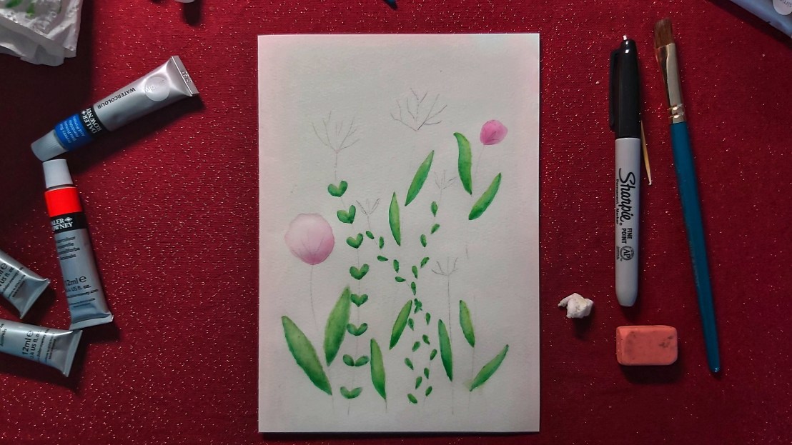 A pencil sketch of flowers with green watercolour leaves