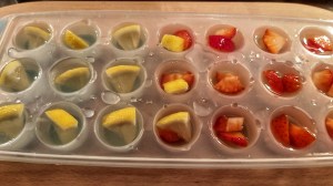 Lemonade strawberry ice cubes in the tray