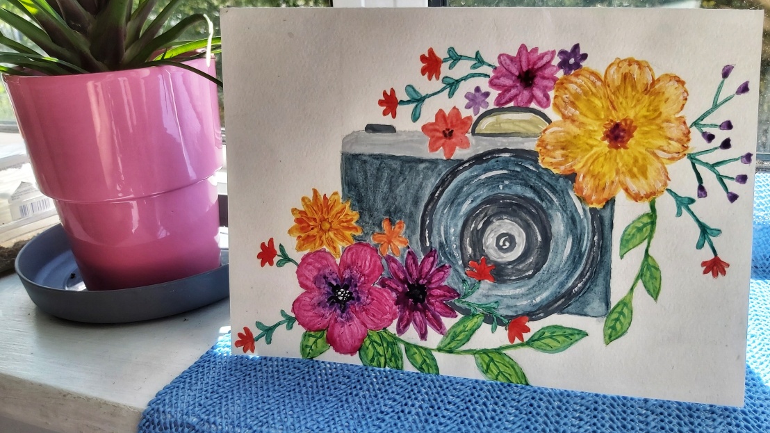Finished watercolour card - camera with flowers
