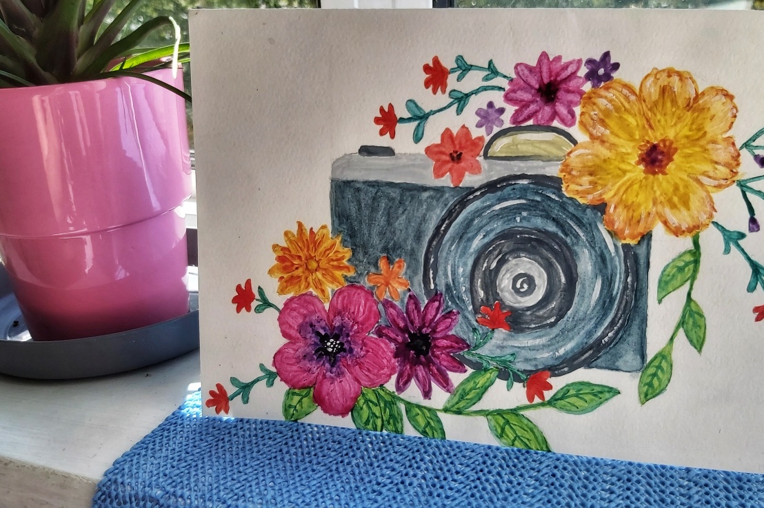Watercolour Card – Camera with Flowers
