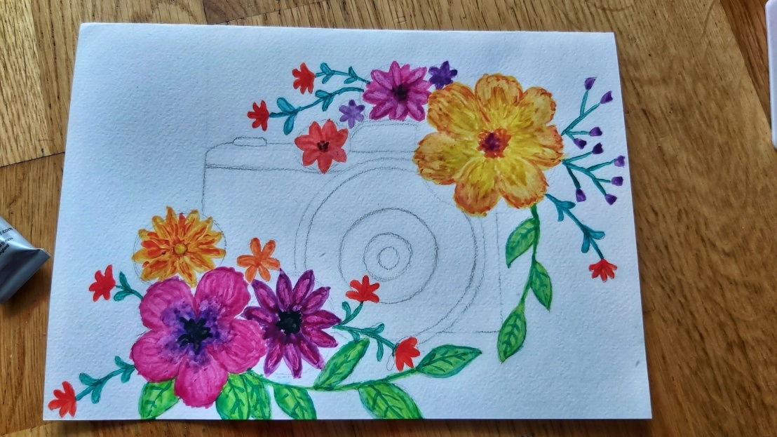 Watercolour card - camera with flowers - step 2