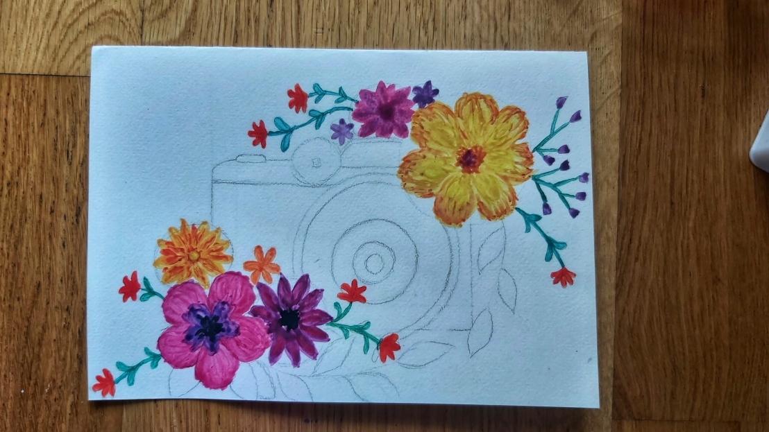 Watercolour card - camera with flowers - step 1