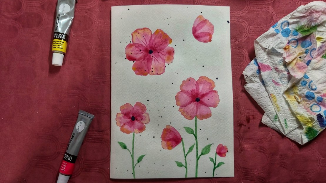 Pink watercolour poppies - card in progress - added some stems