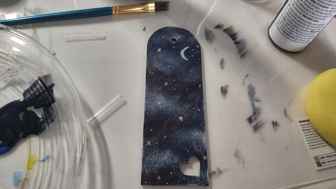 Wooden bookmark, painted, with clouds, moon and stars