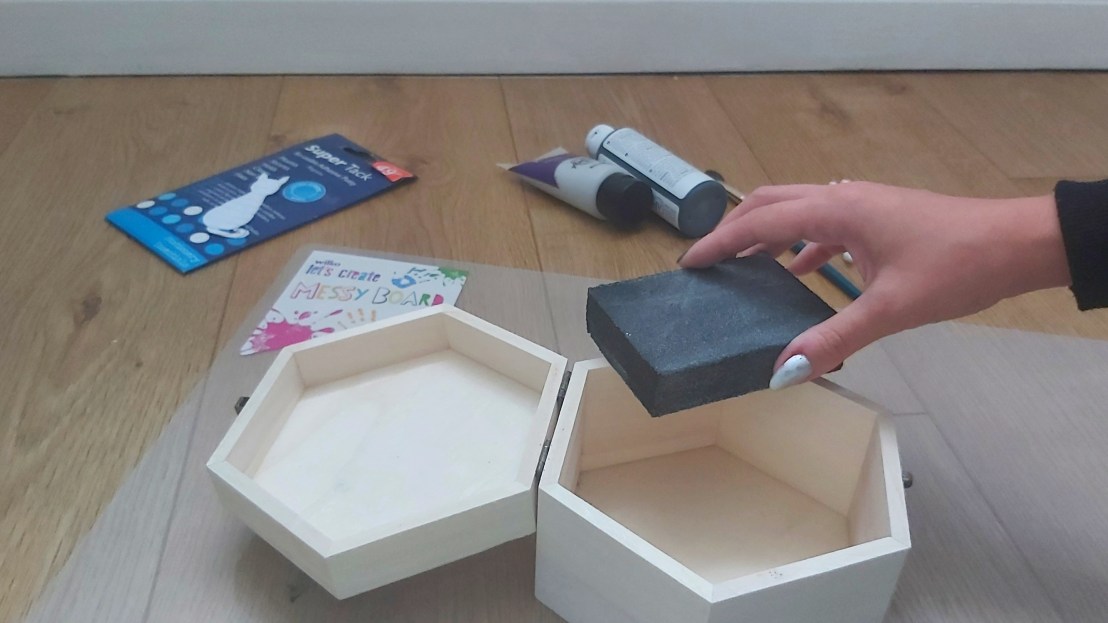 DIY Painted Wooden Box - Cat - sanding down