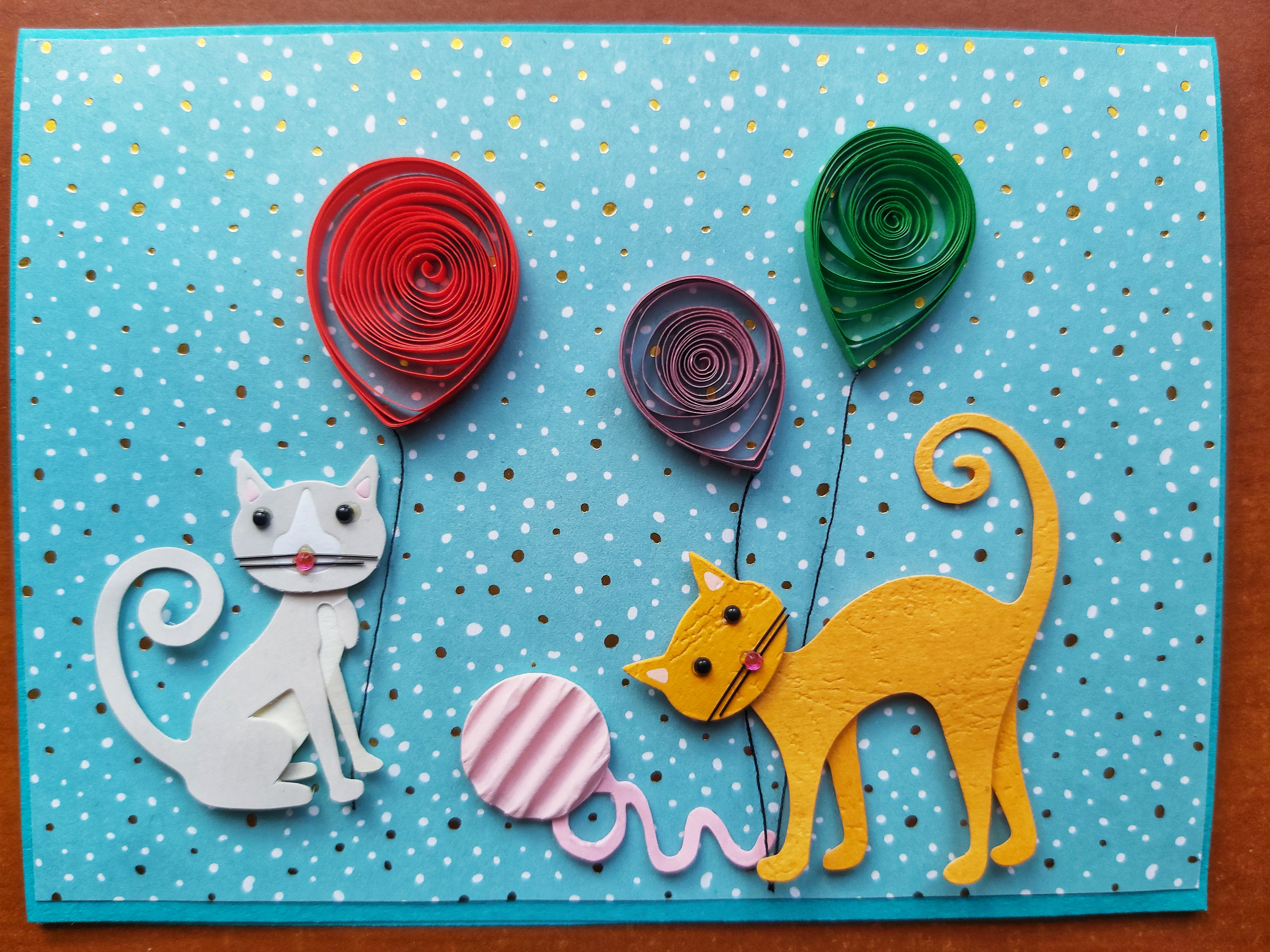 Handmade Quilling Card - Cats With Balloons