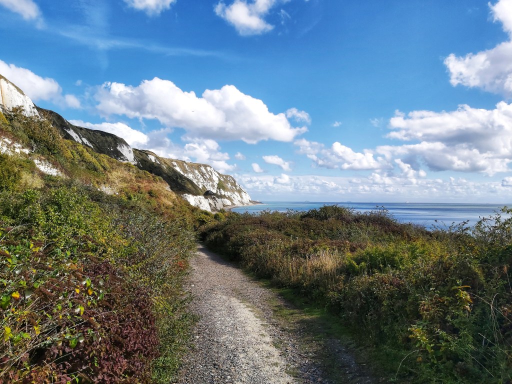 A path on the trail between Folkestone and Dover. White, tall cliffs on the horizon.
