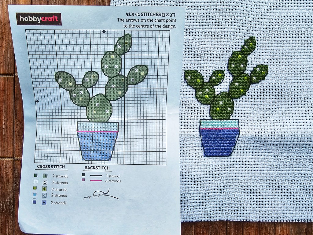 White aida with green cactus leaves and a blue pot cross stitched on. Black outline around the design. A piece of paper with the cross stitch cactus diagram.