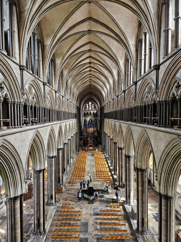 The main nave of Salisbury Cathedral. Photo taken from a balcony above the West Gate.