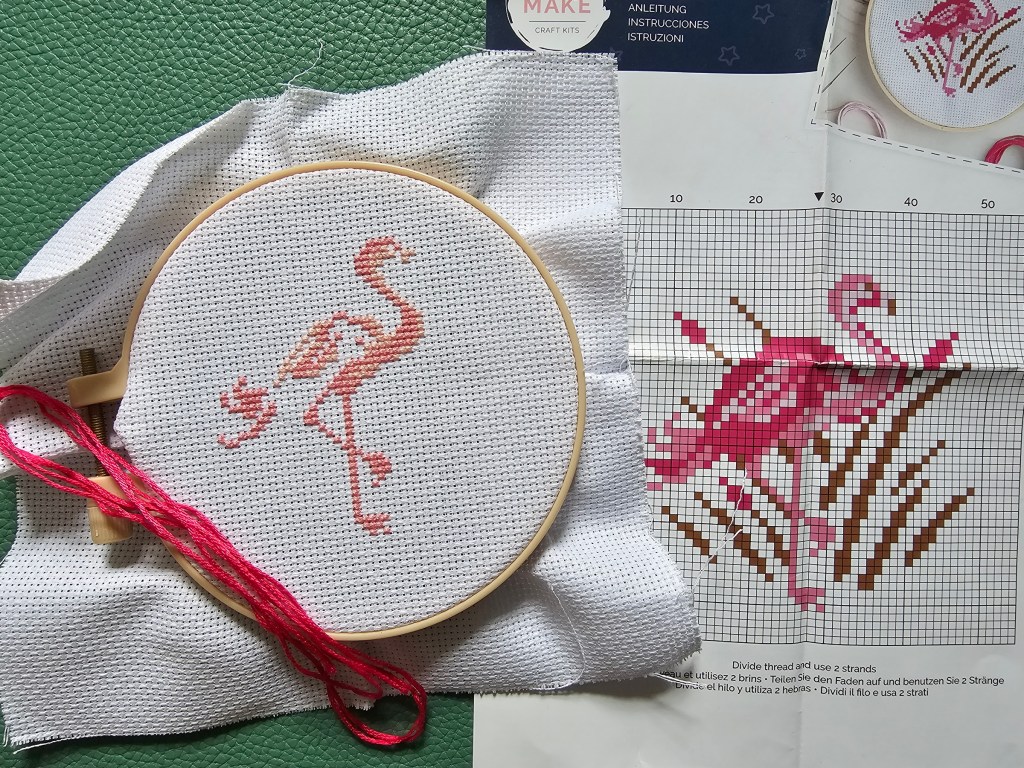 Half-completed DIY Cross Stitch - Flamingo. Two shades of pink details are sewn.