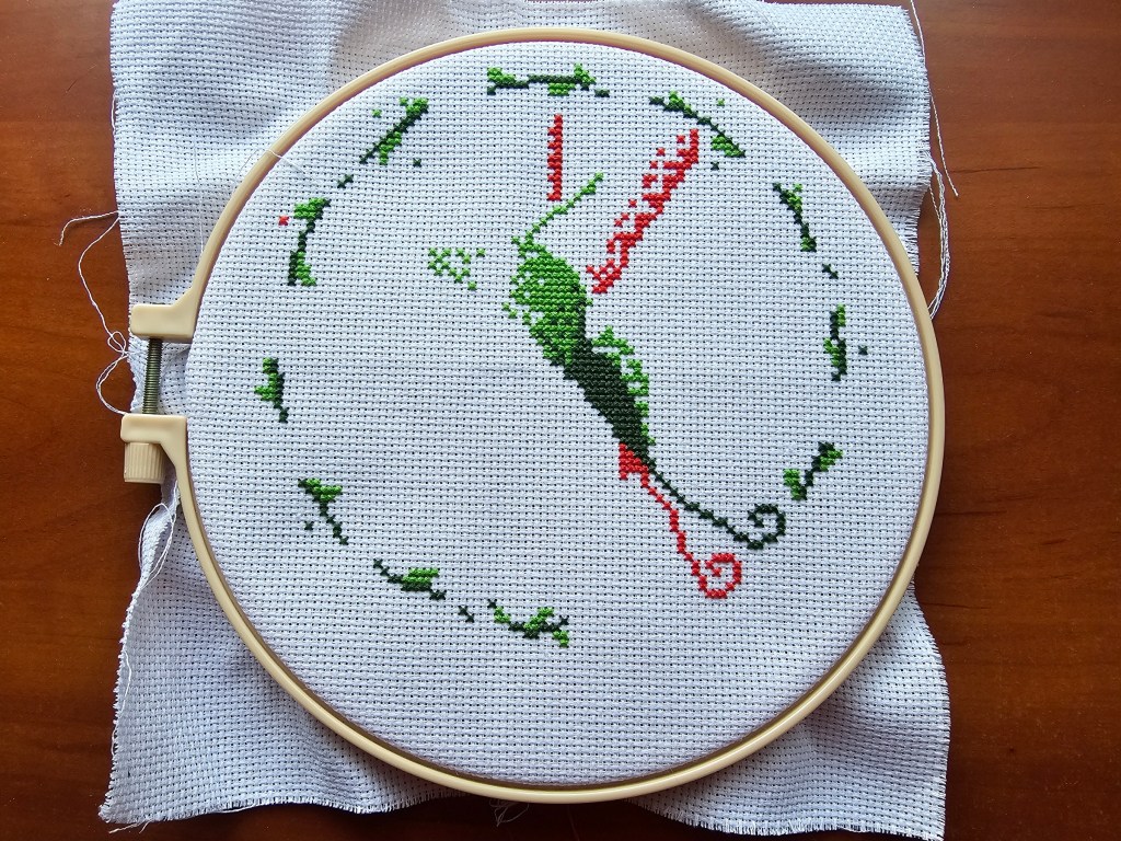 Partially completed hummingbird design of a cross stitch kit. Green and red parts of a hummingbird inside a flower wreath.
