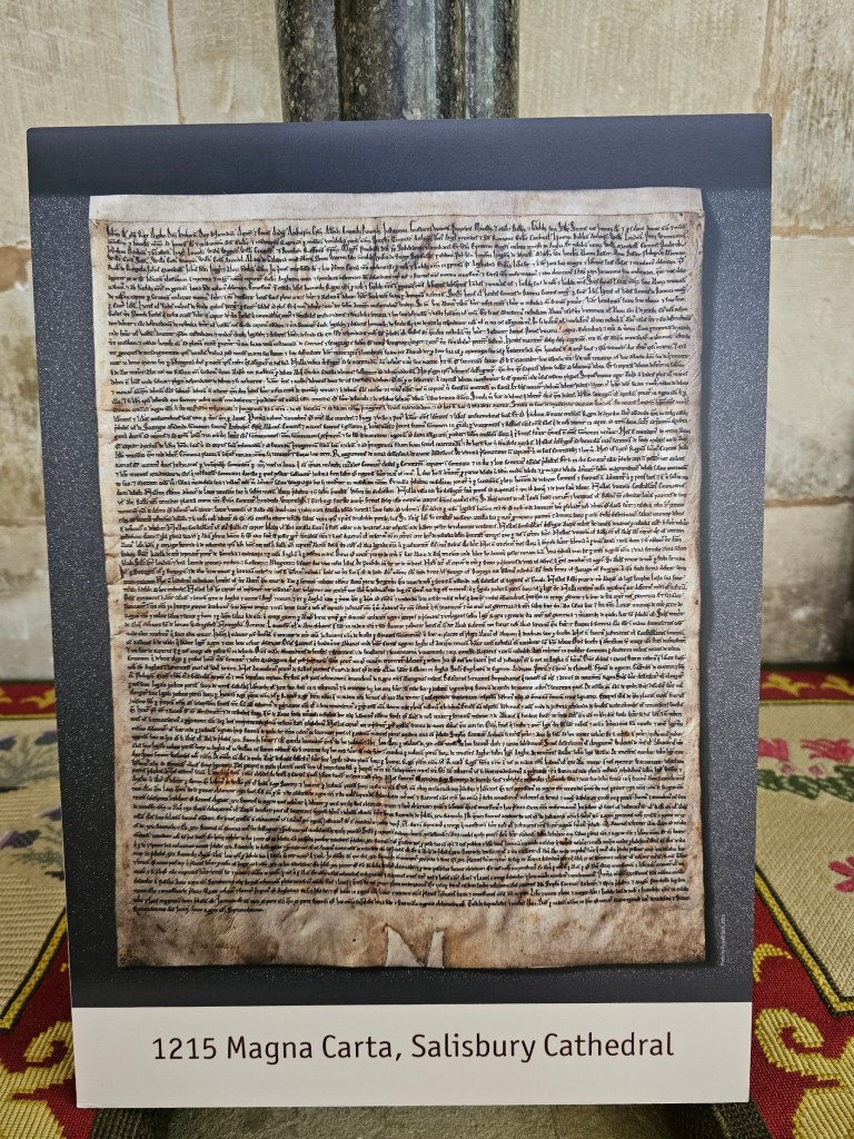 A copy of the 1215 Magna Carta located in the Chapter House in Salisbury Cathedral.