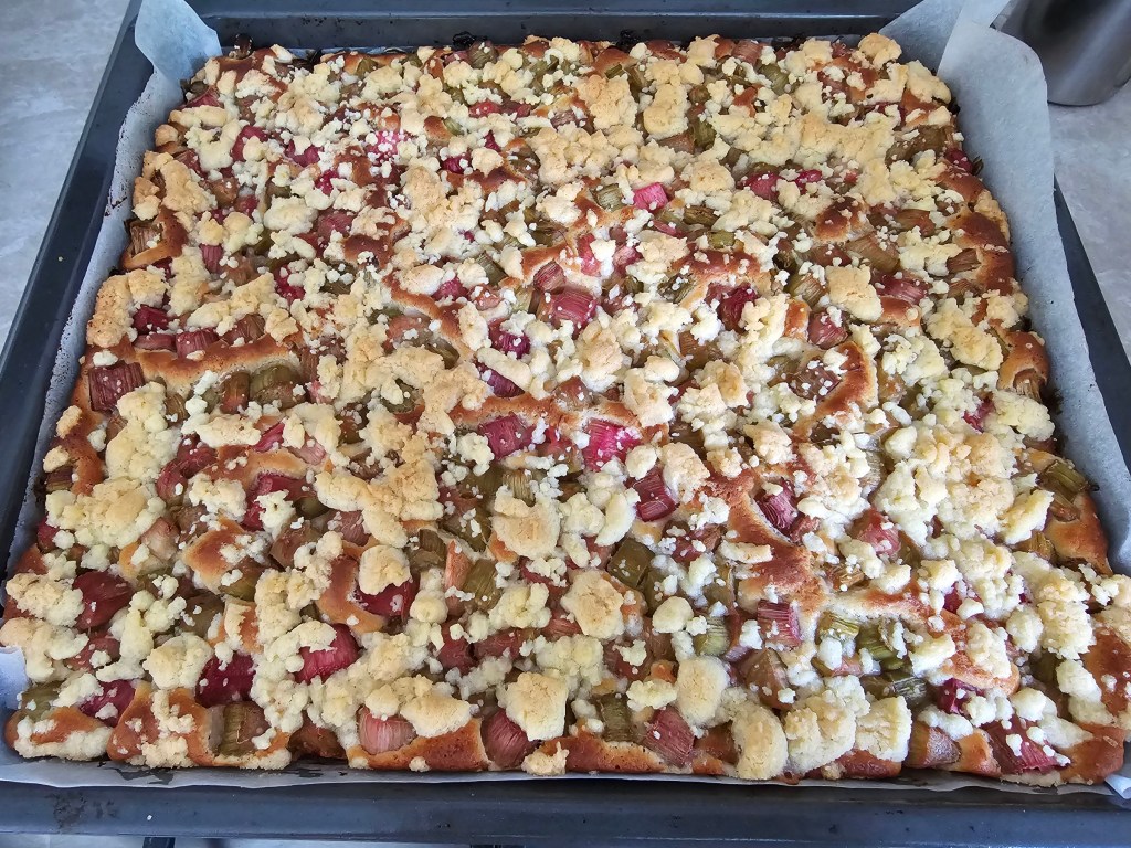 A sheet of Polish rhubarb and crumble cake.