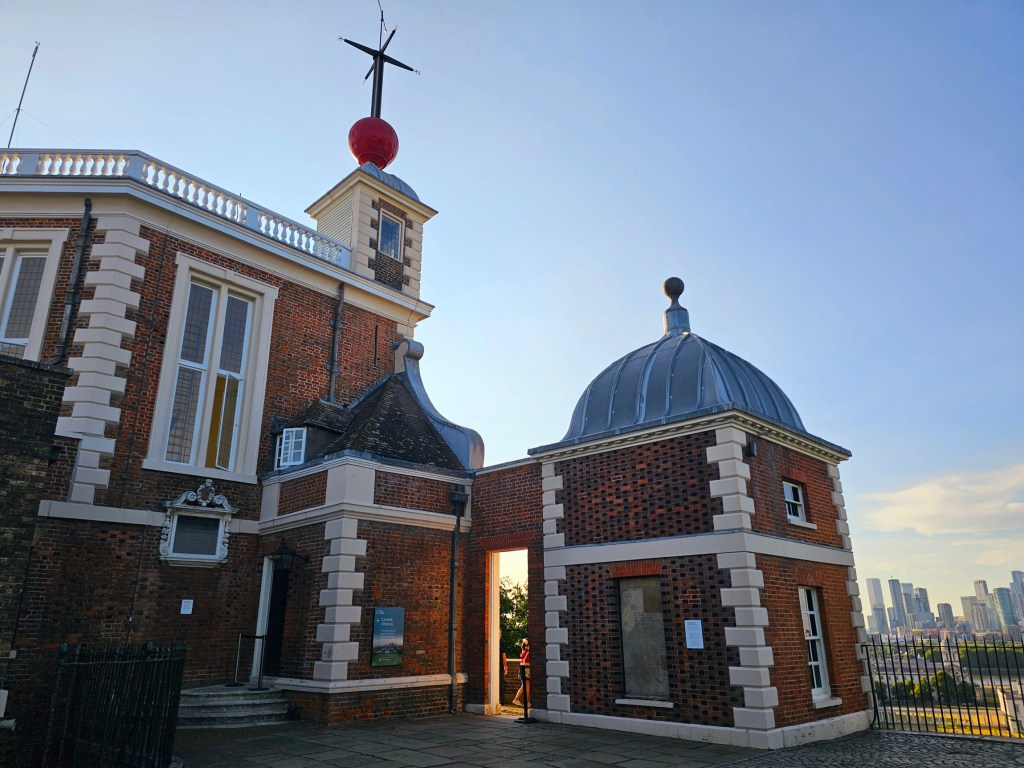The characteristic red time ball on top of the Royal Observatory in Greenwich, London.