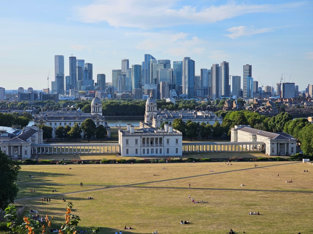 A view from the Royal Observatory in Greenwich, London. You can see the skyscrapers in Canary Wharf.