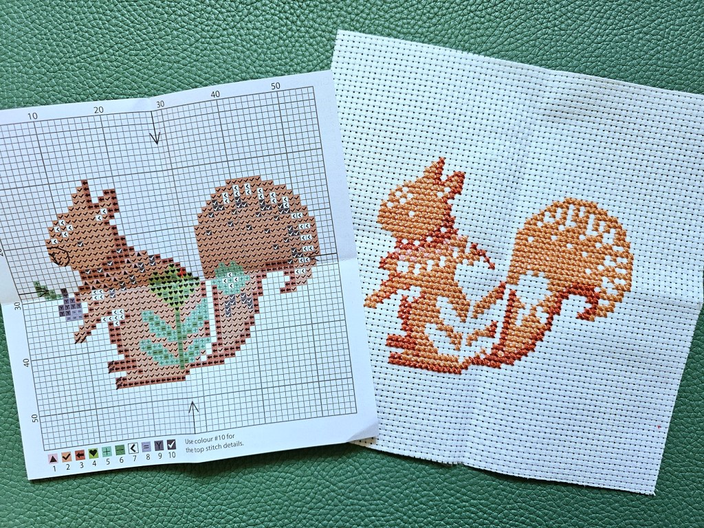 Partially completed cross stitched squirrel, following the pattern from the kit. The orange body of the squirrel is completed, as well as brown and pink details.