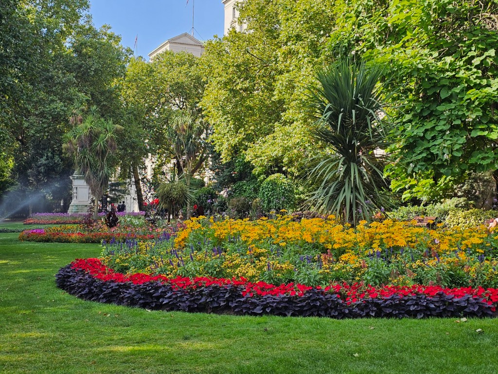 Colourful flowers in Victoria Embankment Gardens, London.