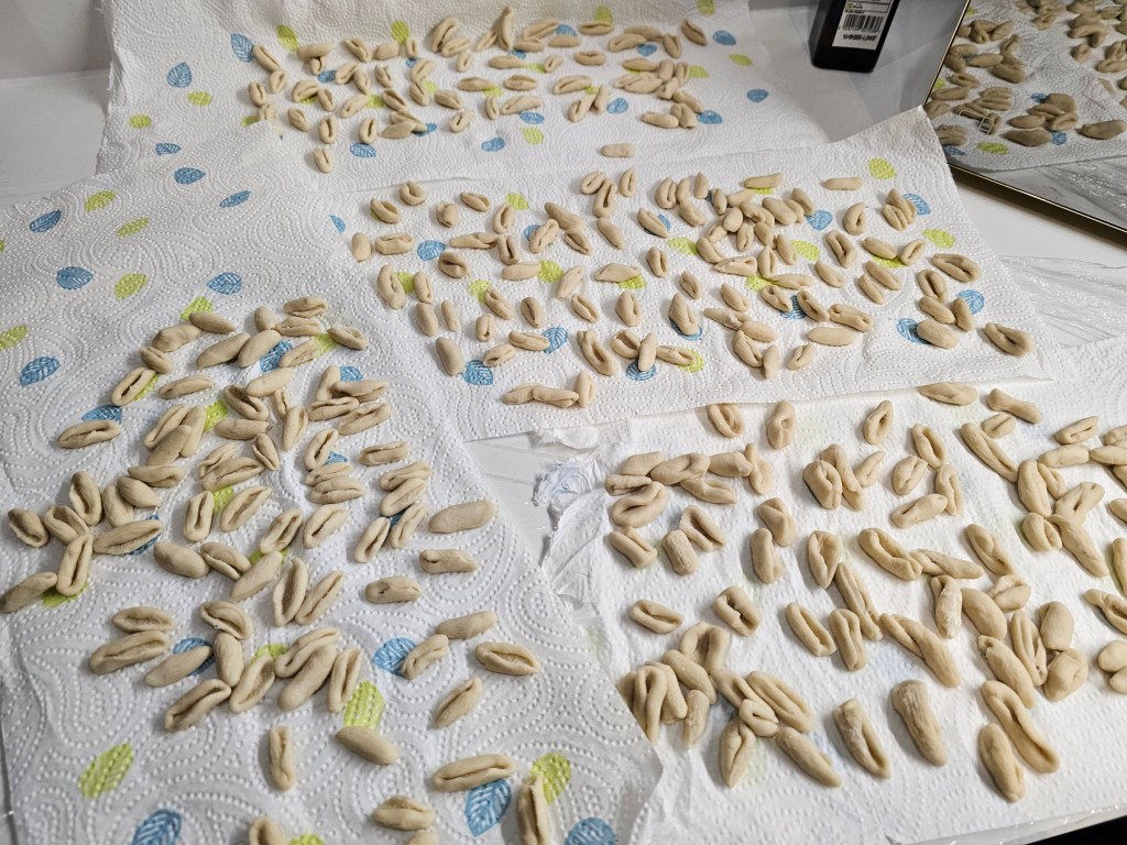Homemade pasta drying on kitchen towels.