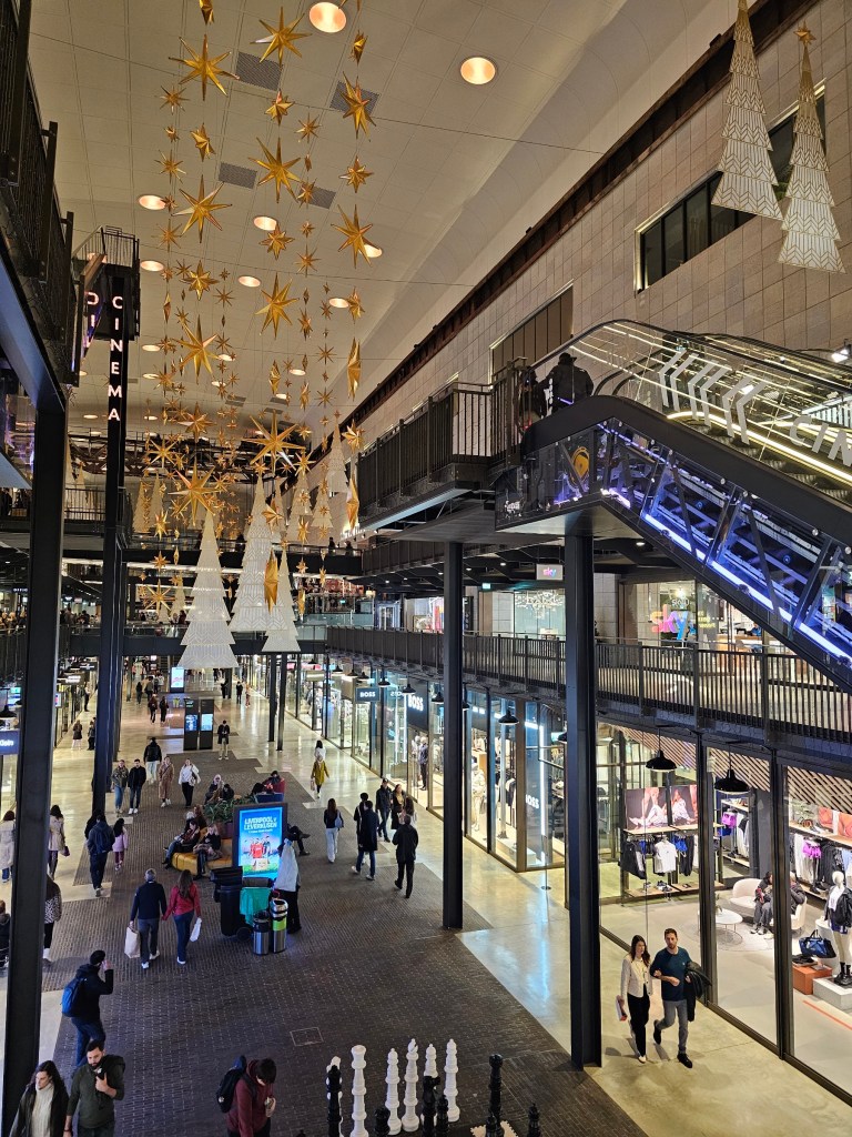 Battersea Power Station shopping centre with Christmas decorations.