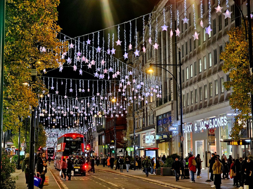Star shaped lights over Oxford Street, London.
