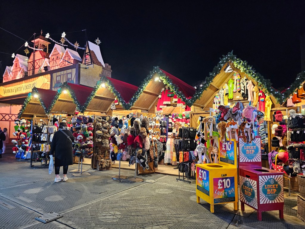 Christmas shops in Winter Wonderland, London.