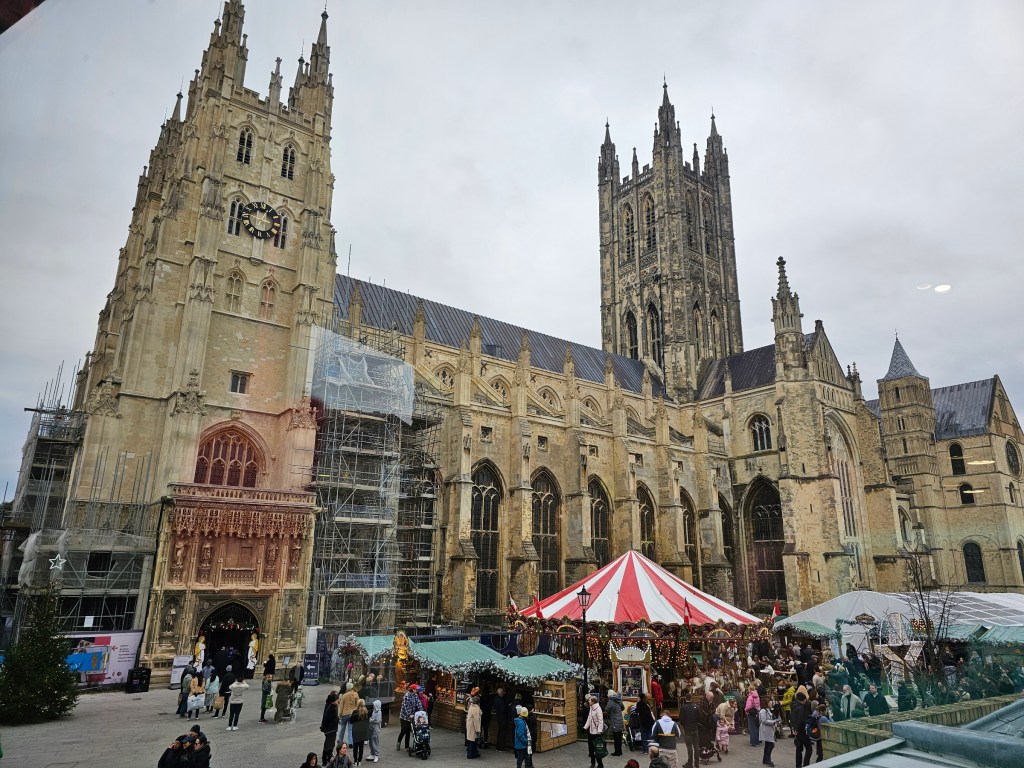 Christmas market in front of Canterbury cathedral.