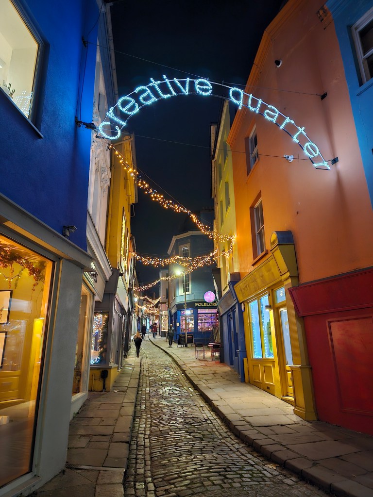 Creative Quarter in Folkestone, at night, with fairy light decorations.