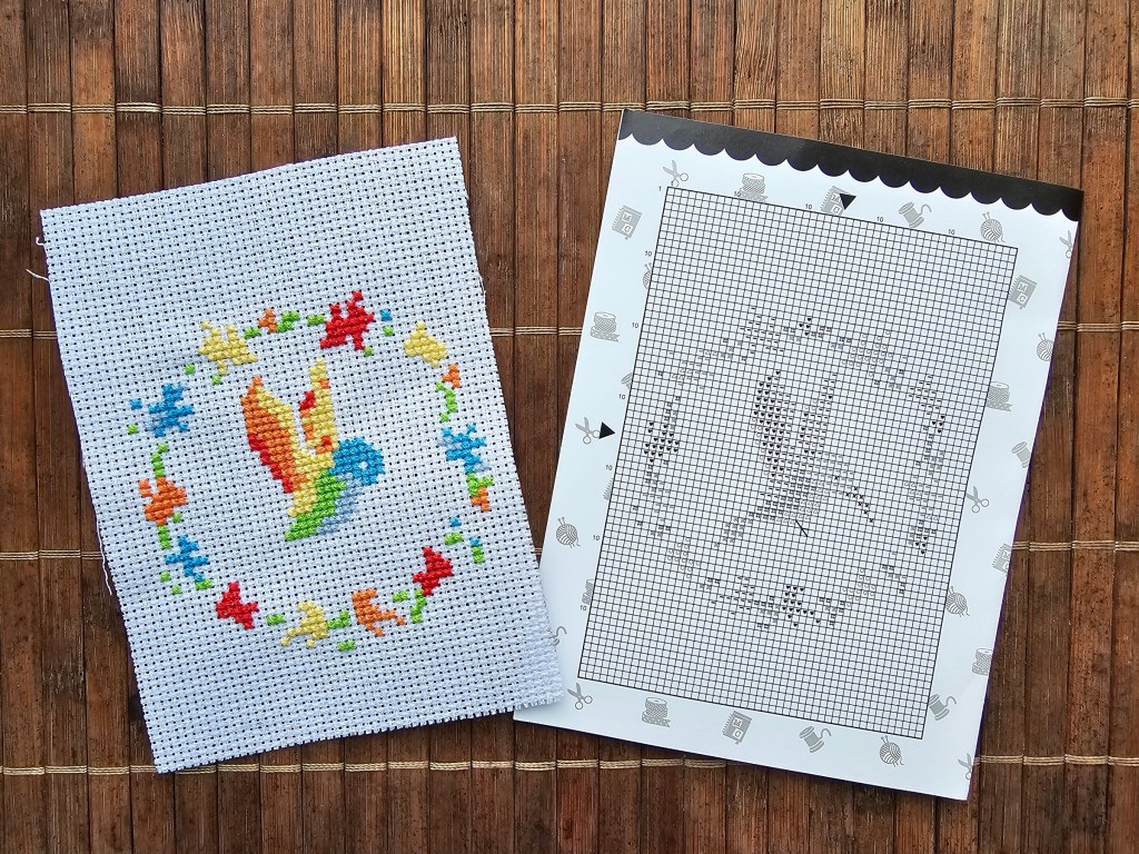 Partially finished cross stitch design featuring a colourful hummingbird in a floral wreath.