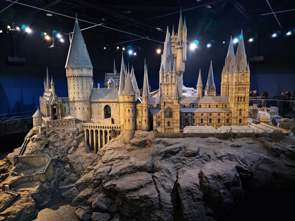 A large model of Hogwarts Castle at the Harry Potter Warner Bros Studio in London.