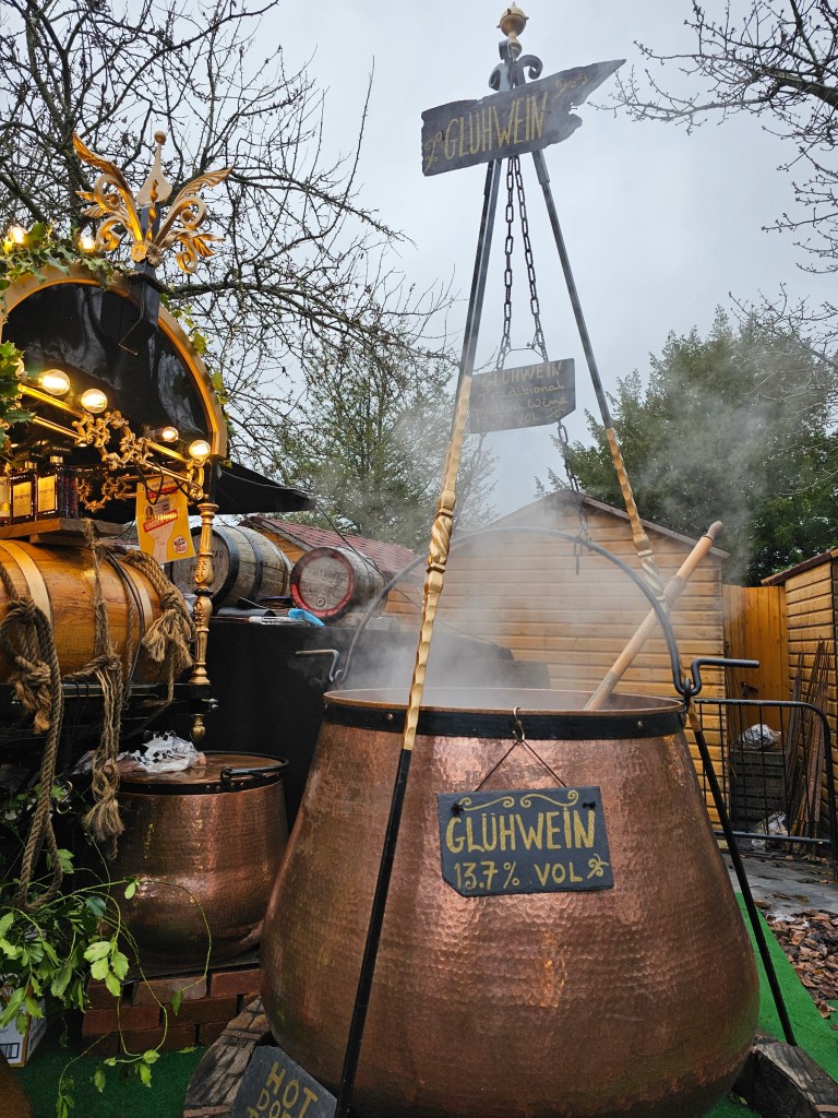 A large cauldron of mulled wine at the Winchester Christmas Market, England.