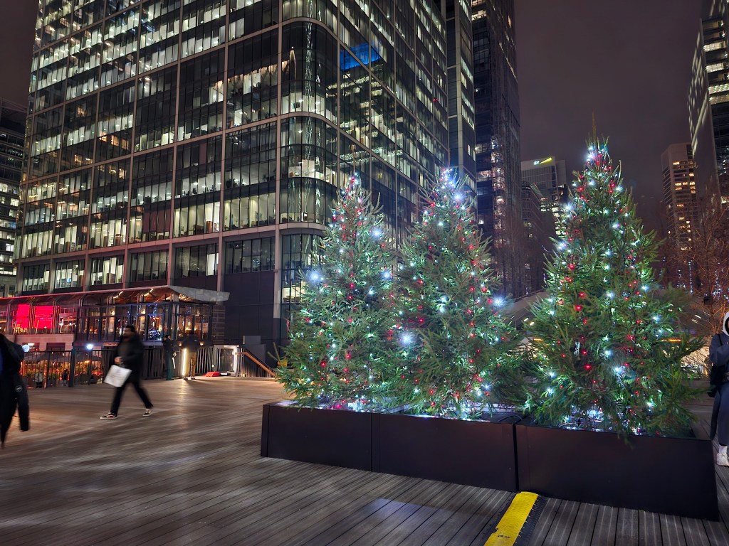 Three Christmas trees in Canary Wharf, London, at night.