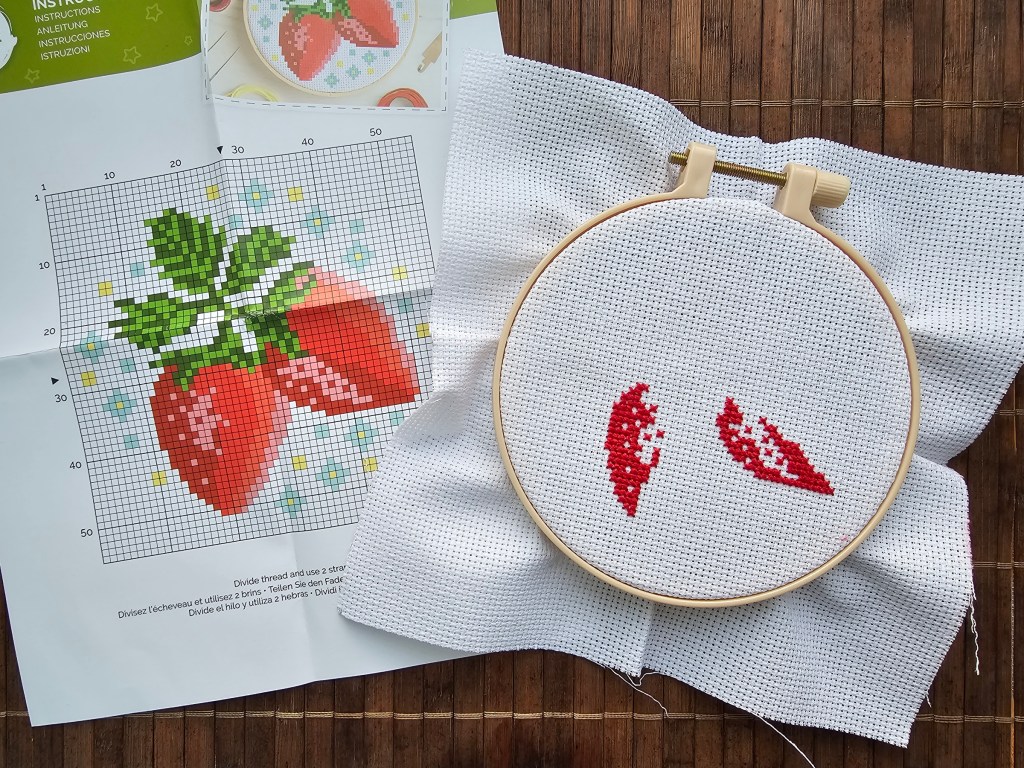 A plastic embroidery hoop with a white aida. The first shade of red from a strawberry design is sewn.